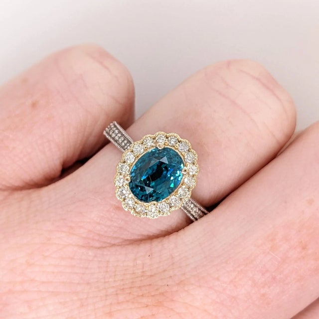 Metal 4.1ct Blue Zircon Ring W Earth Mined Diamonds in Solid 14k Dual Tone Gold Ov 9x7 For Sale - Image 7 of 8