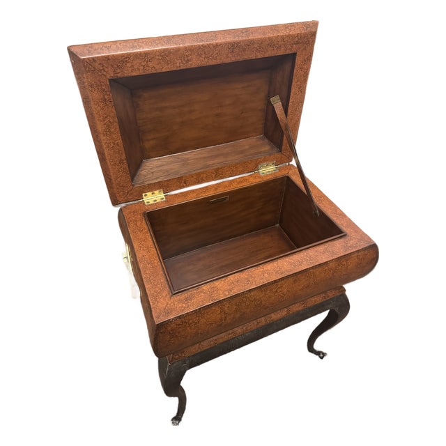 Vintage Maitland-Smith Hand-Painted Lift-Top Storage Box Table on Carved Wood Stand For Sale
