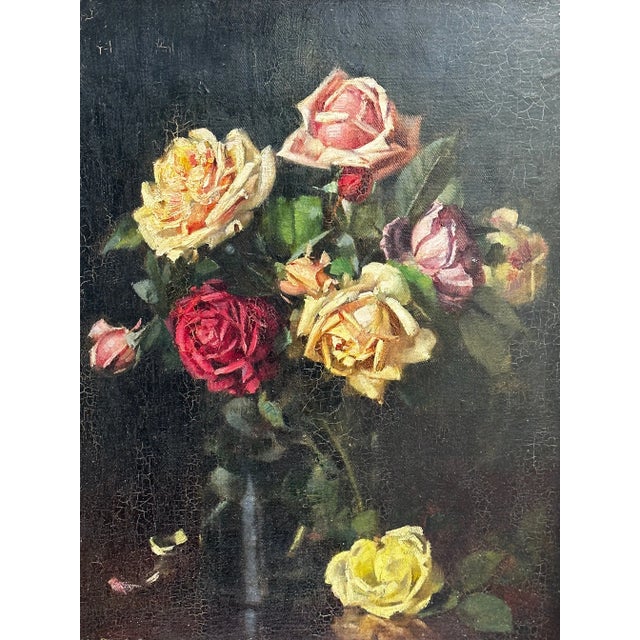1 Fine Art Early 20th Century Oil Painting Still Life Flowers "Garden Roses" By Ernest Higgins Rigg Staithes Group Artist....