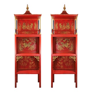 Pair of Vintage Louis XVI Style Chinoiserie Red Lacquer Display Cabinets For Sale