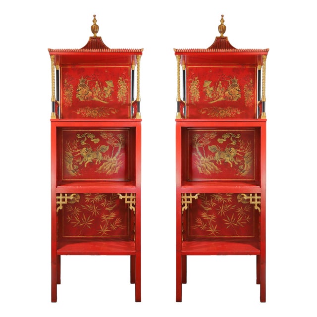 Pair of Vintage Louis XVI Style Chinoiserie Red Lacquer Display Cabinets For Sale