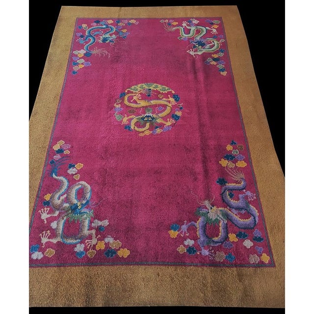 Art Deco 1920s Purple Dragon Medallion Antique Chinese Art Deco Carpet Wool Rug For Sale - Image 3 of 7