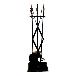 1970s Vintage Rustic Boho Chic French Style Wrought Iron With Bronze Handles Fireplace Tools - Set of 5 For Sale