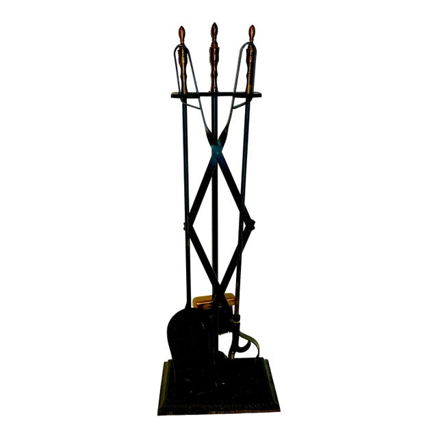 1970s Vintage Rustic Boho Chic French Style Wrought Iron With Bronze Handles Fireplace Tools - Set of 5 For Sale