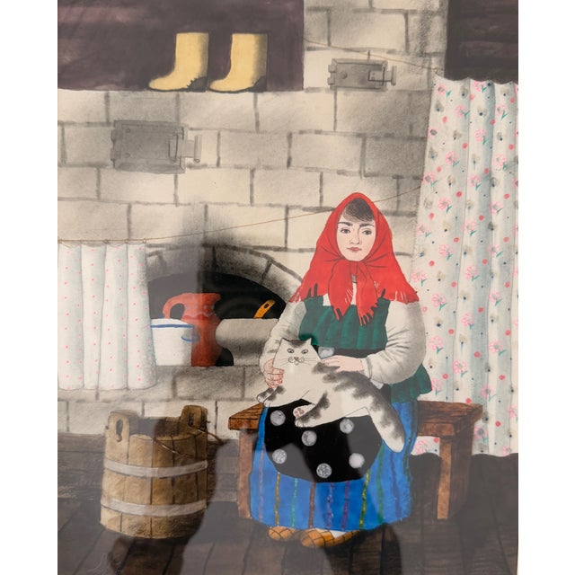 Signed Russian folk art print featuring a woman wearing a red babushka, holding a cat in her lap. The print is dated 2003....