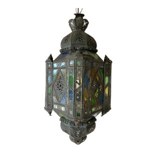 Large Vintage Moroccan Moorish Hanging Lantern Pendant Light With Multicolor Glass and Hand Cut Metal For Sale