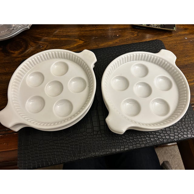 Set of 4 Vintage California Pottery 775 Escargot Plates, Ceramic. Measures 8 inches from handle to handle. Six indentions...