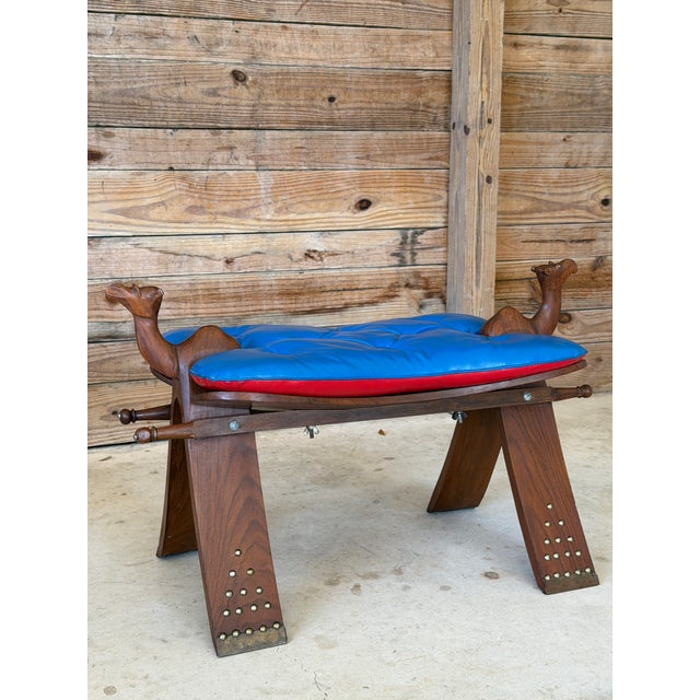 Vintage Carved Boho Camel Saddle Stool or Ottoman With Brass Studded Legs For Sale - Image 12 of 12