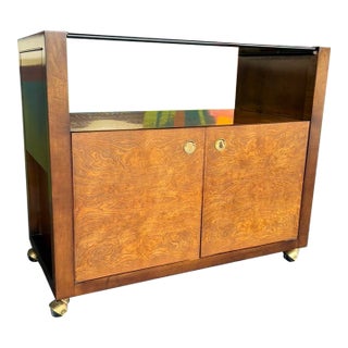 Century Burl & Smoked Glass Rolling Bar For Sale