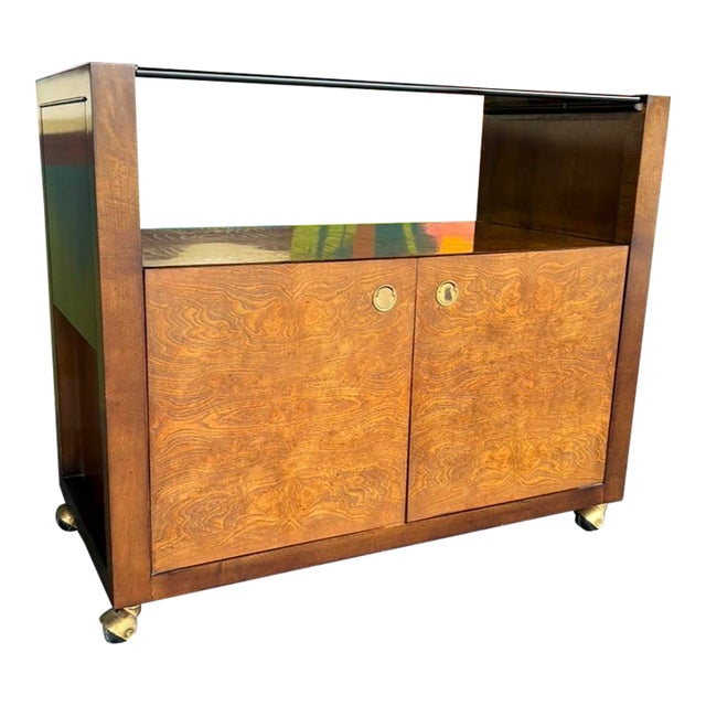 Century Burl & Smoked Glass Rolling Bar For Sale