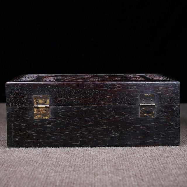 1990s Vintage Chinese Carved Hardwood "Hundred Blessings" Box With Brass Latch - Scholar's Box For Sale - Image 5 of 9