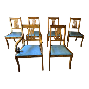 Vintage Regency Duncan Phyfe Style Harp Back Lyre Back Upholstered Dining Chairs