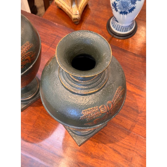 Pair of Neoclassical Tole Urns For Sale - Image 10 of 11