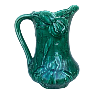 French Green Majolica Iris Pitcher Circa 1900