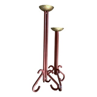 Circa 1970 Hand-Forged Iron Candle Holders With Brass Cups - a Pair For Sale