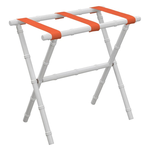 Transitional White Wood Bamboo Inspired Luggage Rack with 3 Orange Nylon Straps For Sale - Image 3 of 3