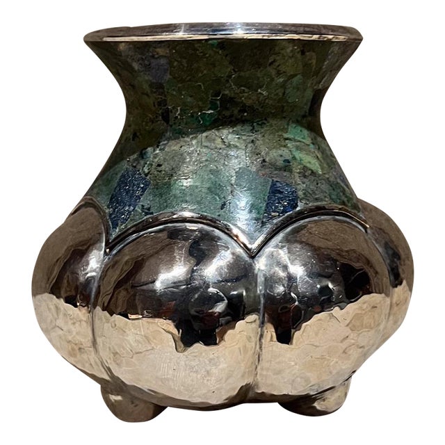 1960s Los Castillo Silver Turquoise Vase Taxco Mosaico Azteca For Sale