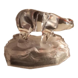 1980s Clear Art Glass Bear Figurine on Frosted Glass Pedestal For Sale