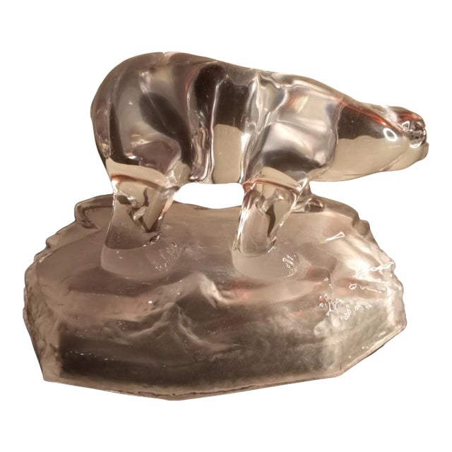 1980s Clear Art Glass Bear Figurine on Frosted Glass Pedestal For Sale