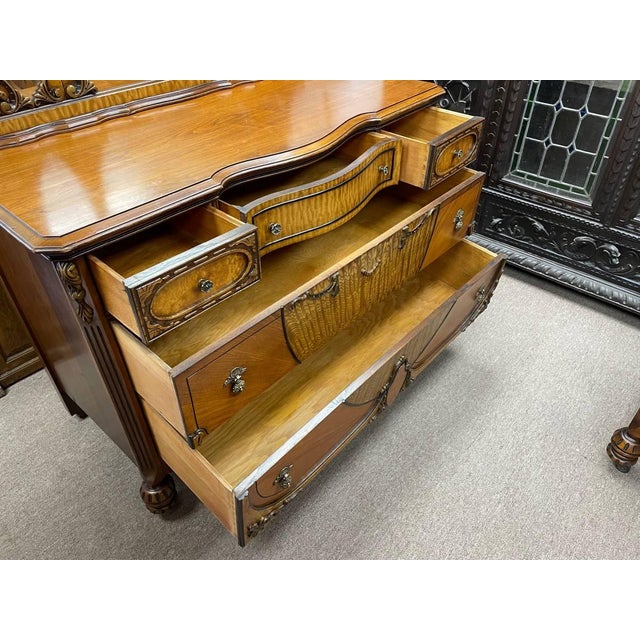Antique 1930's Bedroom Mirrored Dresser, Hand Carved Walnut, Burl Inlay, Beveled Glass, 5 Drawers For Sale - Image 4 of 15