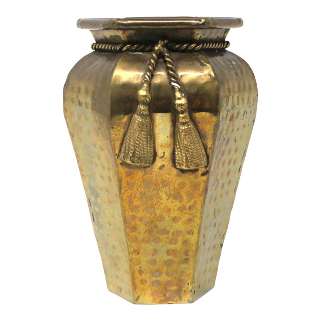 Vintage Hammered Brass Tassel and Rope Vase For Sale