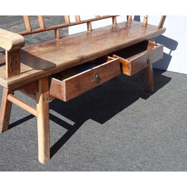 Vintage Rustic Chinoiserie Teak Bench W Two Drawers For Sale - Image 10 of 17