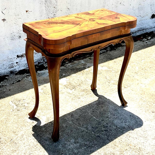 Chocolate Vintage Patchwork Burl Wood Flip Top Card Table For Sale - Image 8 of 9