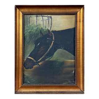 Antique Folk Art Portrait of a Horse, Signed (Oil on Board) For Sale