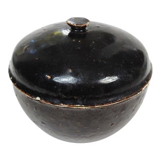 Mid 20th Century Primative Brown Pottery Covered Bowl For Sale
