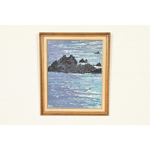 A beautiful original abstract oil painting of a rocky seascape in carved giltwood frame USA, Circa Mid-20th Century...