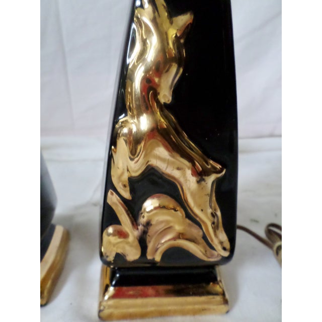 Ceramic Vintage Art Deco Black & Gold With Gazelle Design Table Lamps - a Pair For Sale - Image 7 of 8