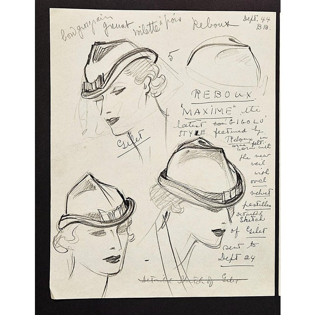 This is a set of 2 original French designs for hats that date to c1935. We purchased them in Paris. Done with pencil on...