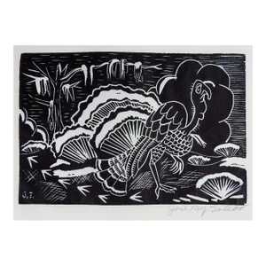 Vintage Mid 20th Century Jose Rey Toledo Turkey Woodcut