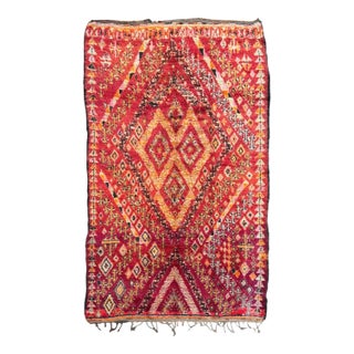 Large Vintage Beni M’Guild Moroccan Rug – Handwoven Tribal Wool Carpet in Deep Red and Saffron For Sale