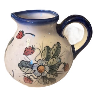 1990s W.R. Ceramika Unikat "Strawberies and Blossoms" Polish Pottery Pitcher - Signed For Sale