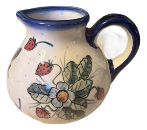 1990s W.R. Ceramika Unikat "Strawberies and Blossoms" Polish Pottery Pitcher - Signed