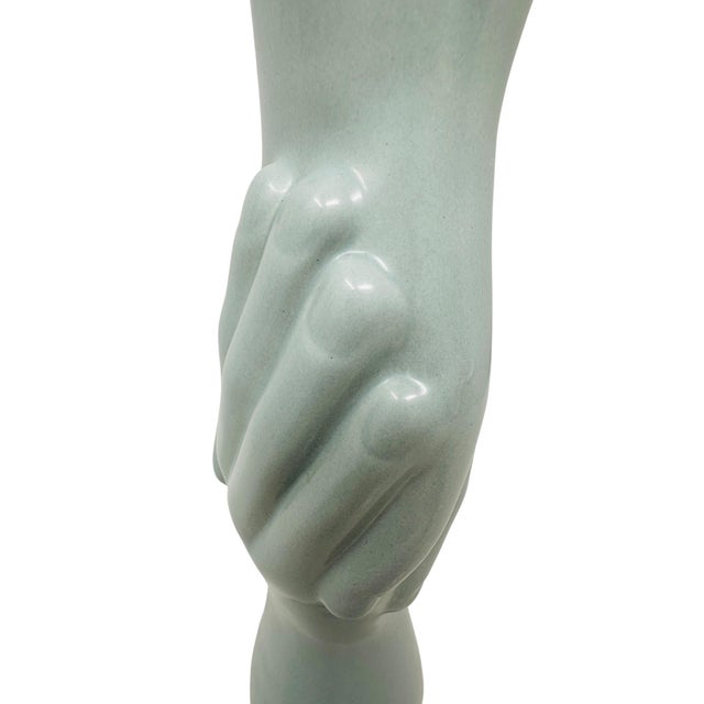 Ceramic 1980s Postmodern 12.25" Clasped Hands Ceramic Sculptural Column Vase in Sage Celadon For Sale - Image 7 of 9