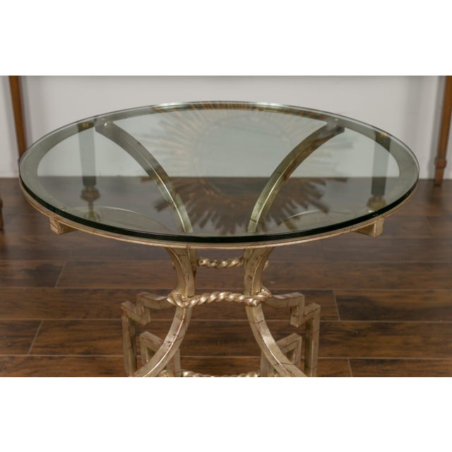 Metal Midcentury French Silver Leaf Iron Table with Glass Top and Greek Key Motifs For Sale - Image 7 of 12