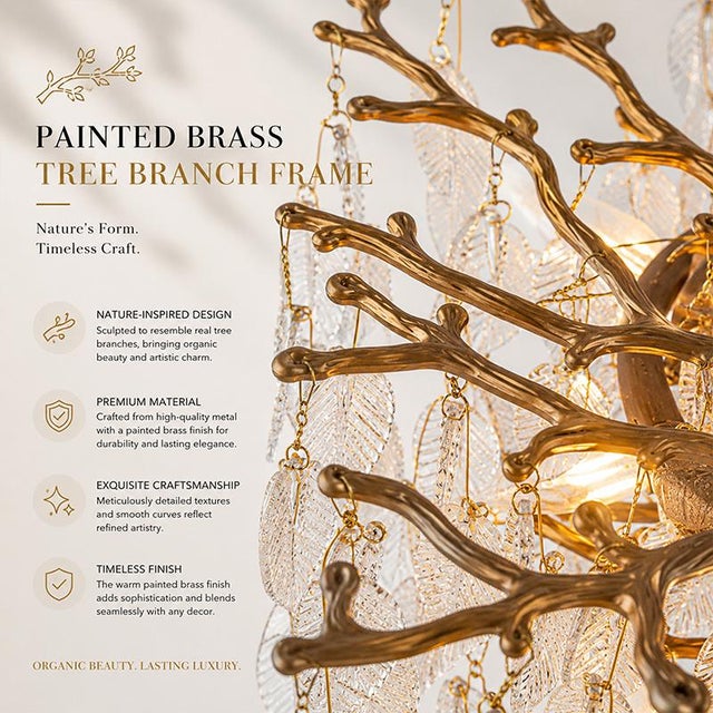 Aloadecor 11-Light 22'' Modern Branch Chandelier With Glass Leaves in Painted Brass for Dining Room and Entryway For Sale - Image 4 of 12