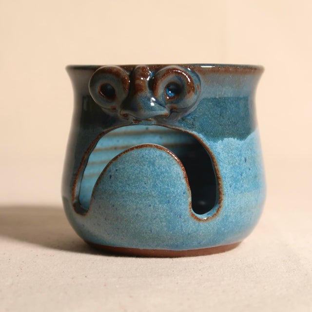 Contemporary Handmade in Pennsylvania MudWorks Pottery Blue Stoneware Candle Holder With Sad Face For Sale - Image 3 of 11