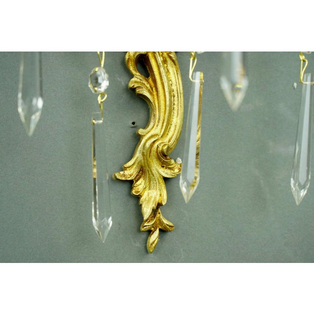 Mid 20th Century Restored French Gold Gilded Bronze & Crystal 3 Arm Wall Sconces - a Pair For Sale - Image 13 of 13