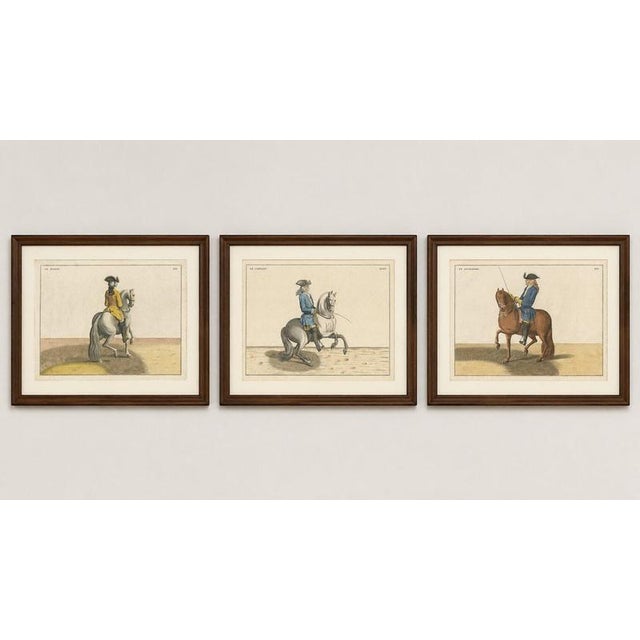 Title: set of three hand-colored 18th century equestrian engravings : a decorative set of three antique hand-colored...
