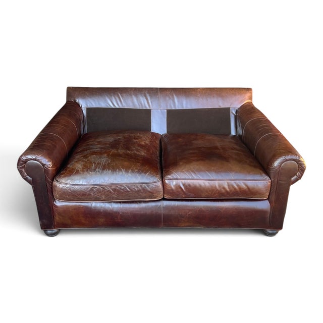 Restoration Hardware Brown Leather Two-Cushion Sofa With Rolled Arms and Bun Feet For Sale - Image 12 of 14