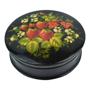Mid 20th Century Hand Painted Flower and Strawberries Design Round Lidded Trinket Jewelry Tin Box
