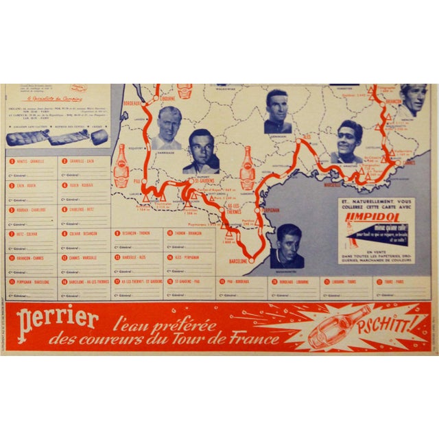 Illustration 1957 Tour De France Map, Perrier (Linen Backed) For Sale - Image 3 of 3