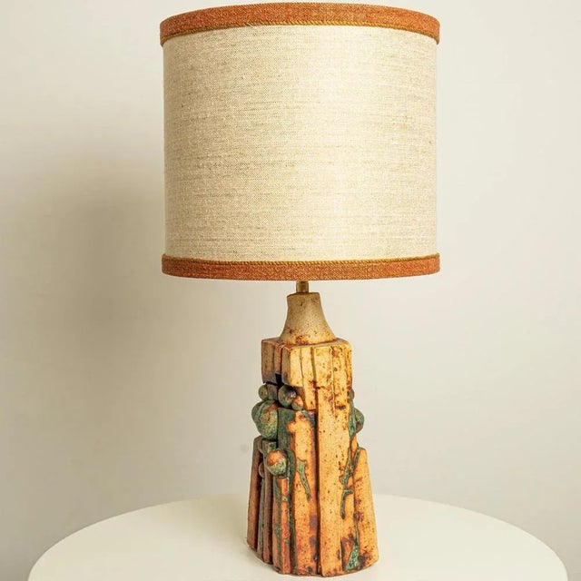 Brown Ceramic Table Lamp with Custom Silk Lampshade by René Houben, 1960s For Sale - Image 8 of 11