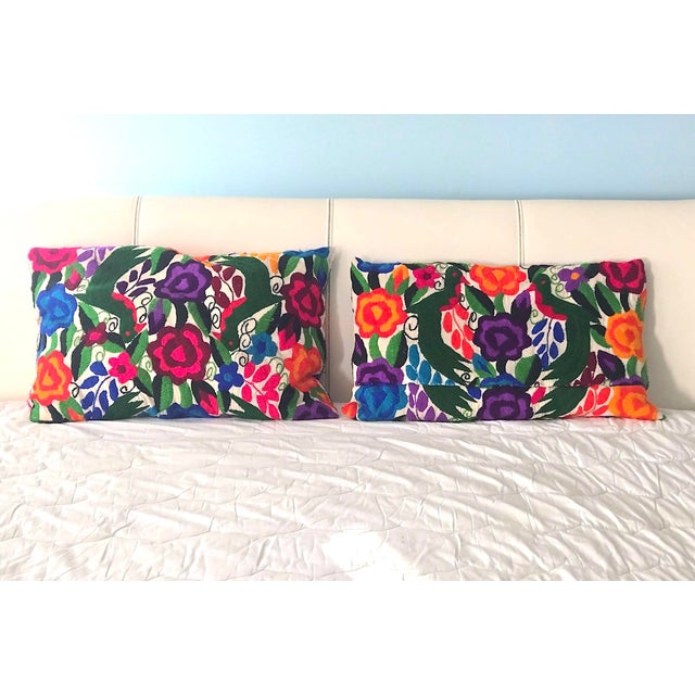 Vintage Multicolor Embroidered Otomi Tenango Hand-Stitched Pillows, a Pair For Sale - Image 12 of 13