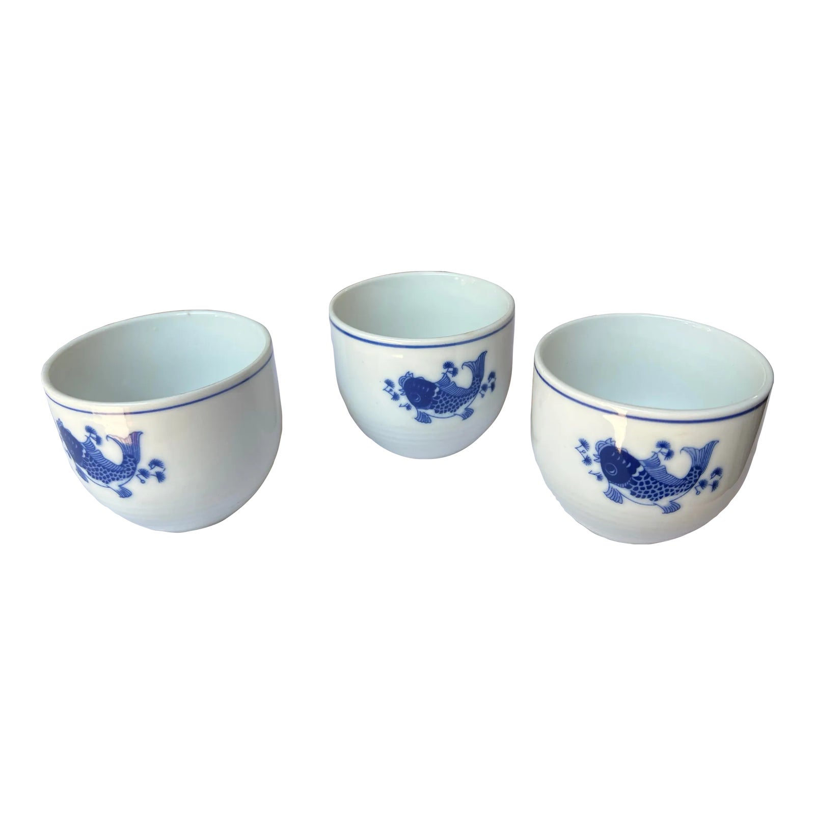 Picture of 1970s Asian Blue and White Fish Cups- Set of 3 | Chairish