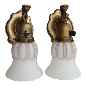 Pair of Early 20th Century Frost Glass Bell Gold Petal Art Nouveau Wall Sconces