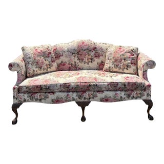 Vintage Floral Humpback Sofa With Carved Claw-and-Ball Feet For Sale